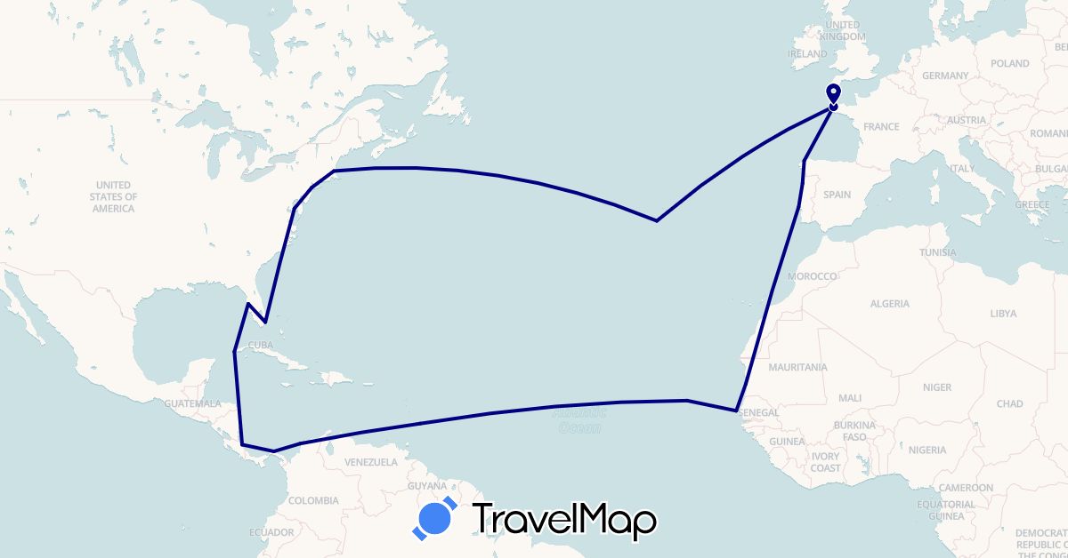 TravelMap itinerary: driving in Barbados, Colombia, Costa Rica, Cuba, Cape Verde, Spain, France, Morocco, Panama, Portugal, Senegal, United States (Africa, Europe, North America, South America)